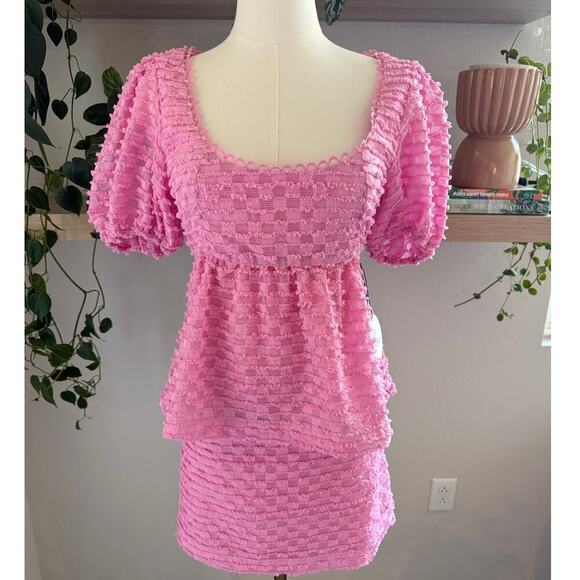 Lost Wander Paloma Pink Textured Puff Sleeve Top & Mini Skirt Set Small Brunch - Picture 1 of 13